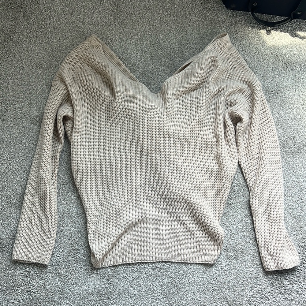 Cute tan, off the shoulder sweater, knot in back